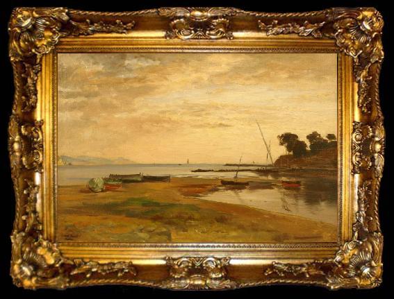 framed  Albert Hertel Coastline at low tide in the evening light. Resting in the foreground dry sailing boats, ta009-2